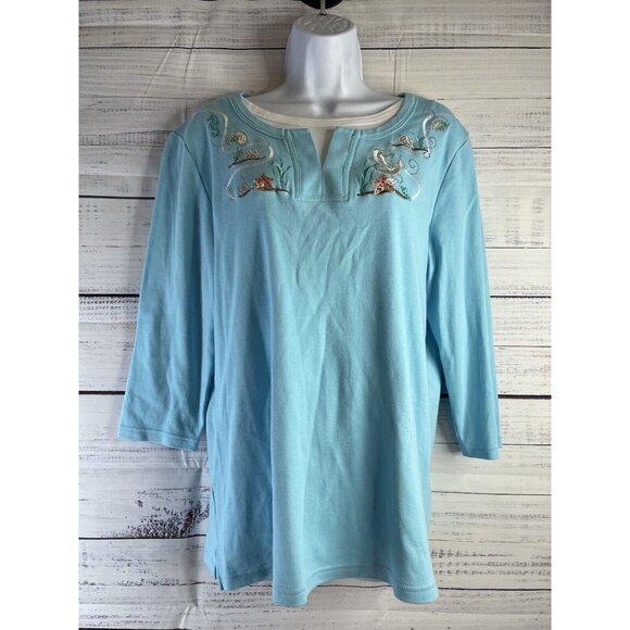 90s Morning Sun Sweatshirt L Nautical Seashell Coastal Blue Cottage - Picture 1 of 12